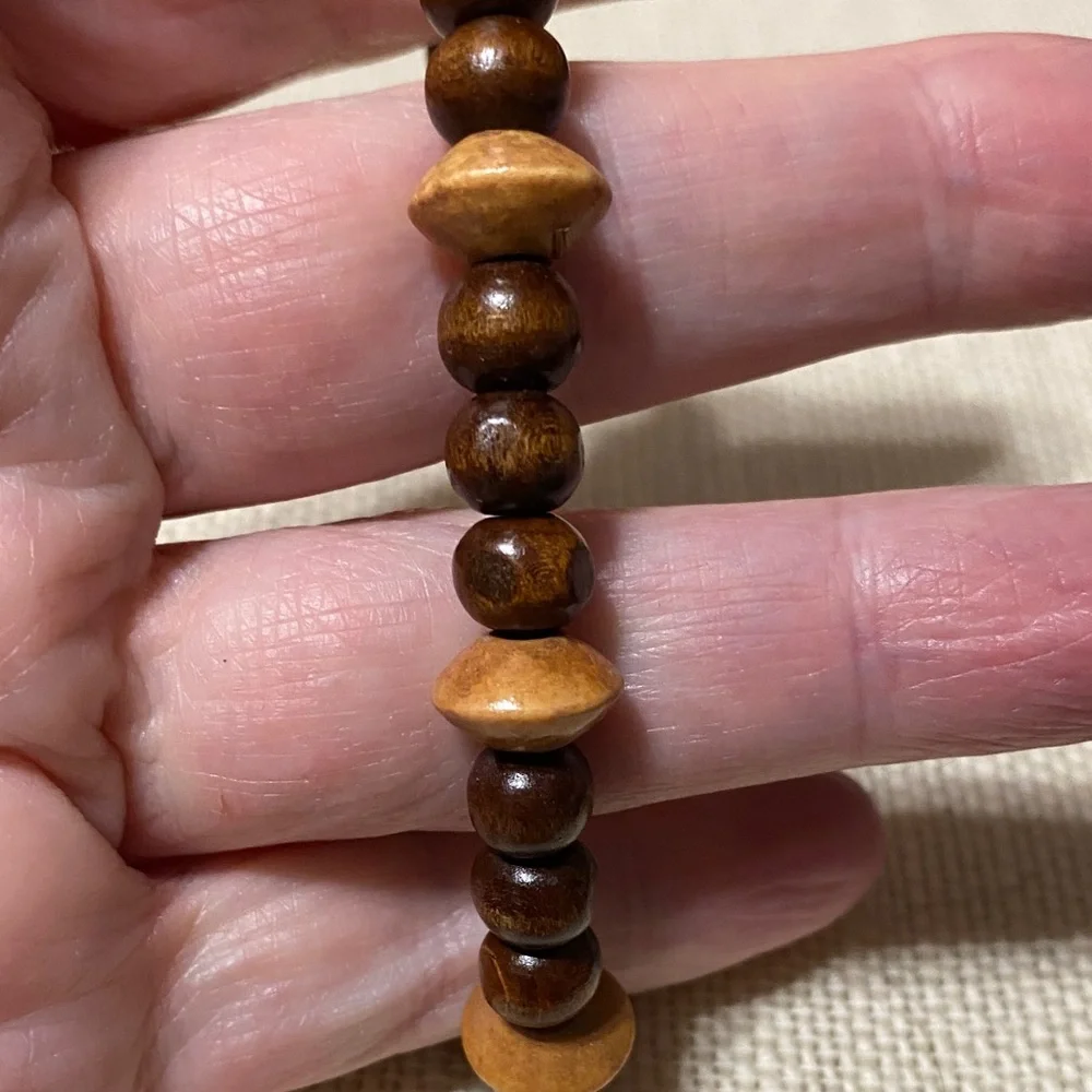 Brown two tone wood Beaded 8” long Bracelet with Gold anchor and loop Clasp